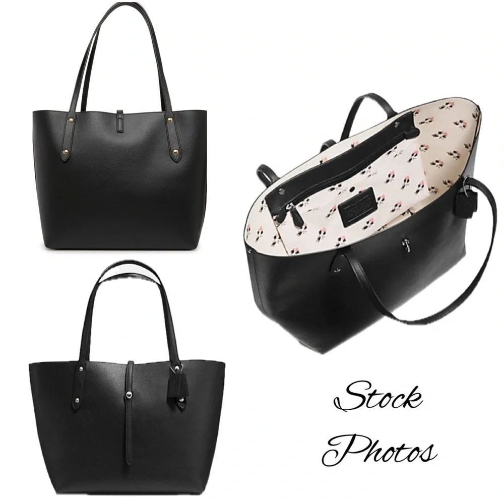 COACH MARKET TOTE IN BLACK PEBBLE LEATHER F36358 BRAMBLE CHALK FLORAL BAG